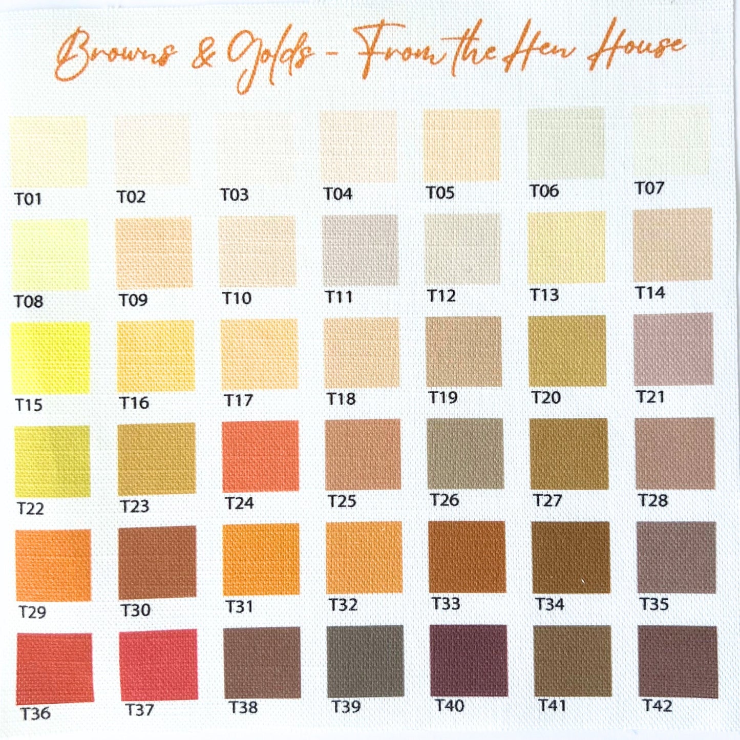 Color swatch chart titled 'Browns & Golds - From the Hen House' with various color samples.
