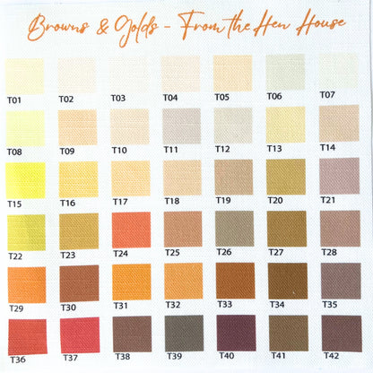 Color swatch chart titled 'Browns & Golds - From the Hen House' with various color samples.