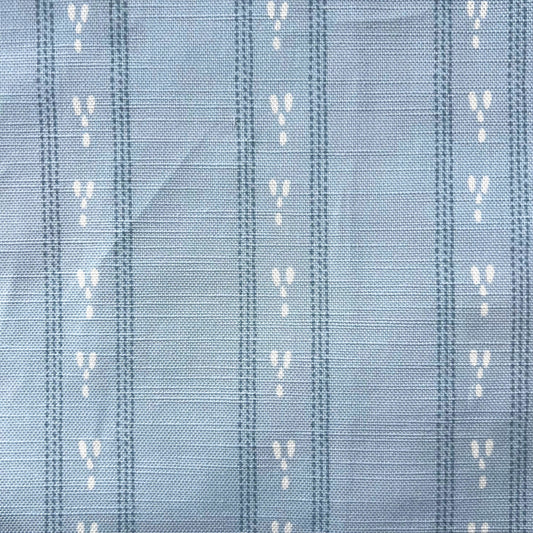 LIght blue furnish fabric with a dashed stripe design for blinds cushions curtains 