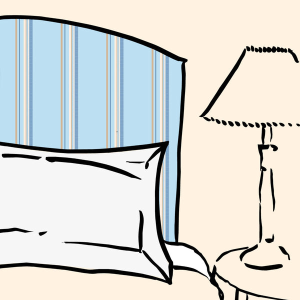 A minimalist line drawing of a bed with a blue and multi-coloured striped headboard, a white pillow, and a bedside lamp on a light beige background.