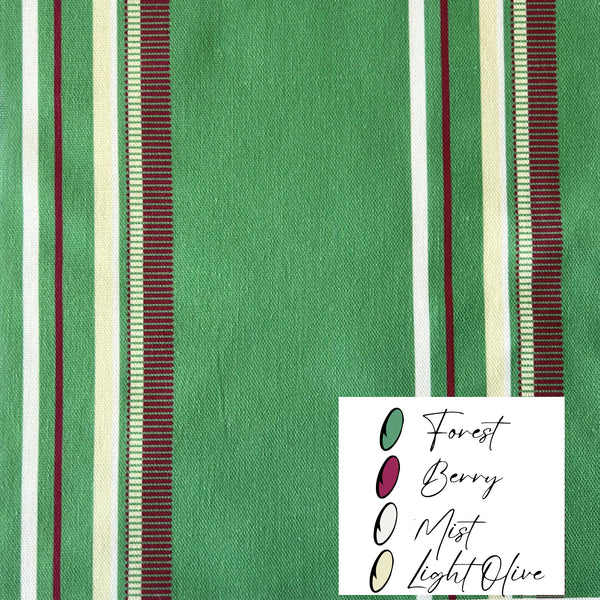 Suggested bespoke colour of Fabric with green background and multicolored stripes, with color swatches labeled.