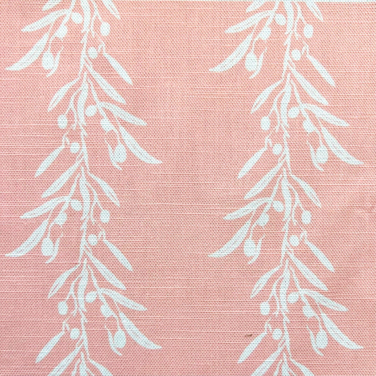 White leafy branches on a pink fabric background suitable for blinds, curtains, cushions and light upholstery