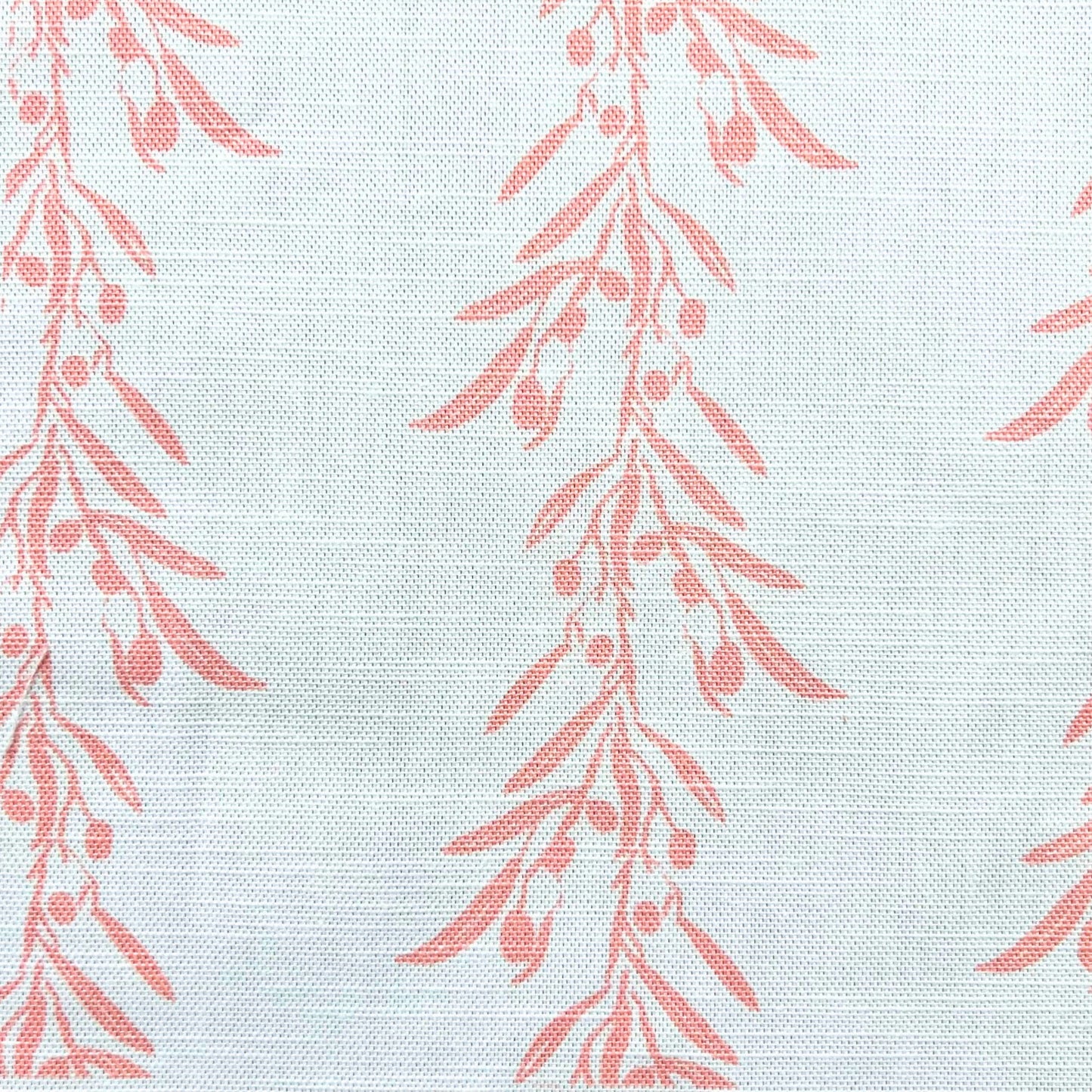 Pattern of pink leaves on a  white furnishing fabric, suited to curtains, curshions blinds and other soft interior accessories.