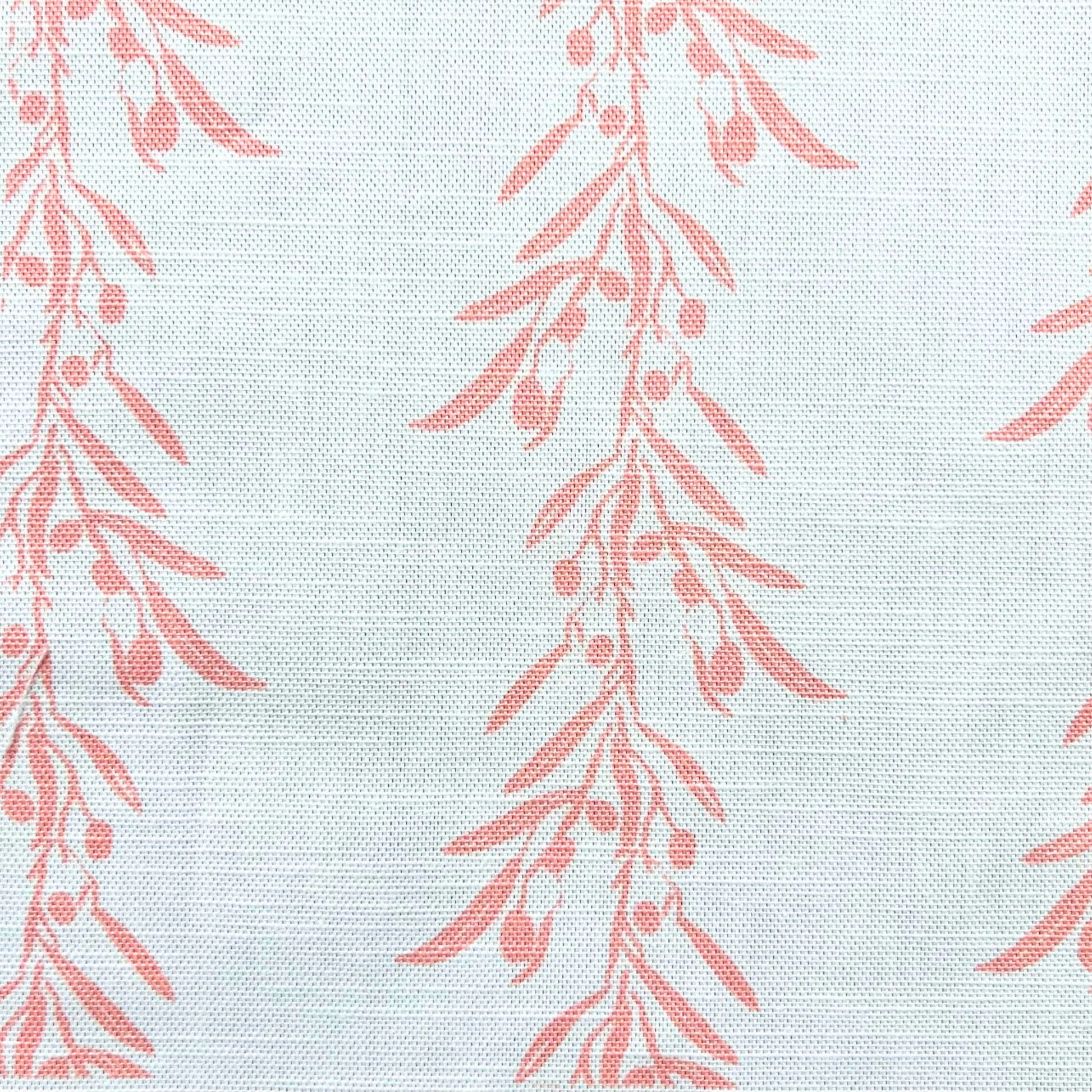 Pattern of pink leaves on a  white furnishing fabric, suited to curtains, curshions blinds and other soft interior accessories.