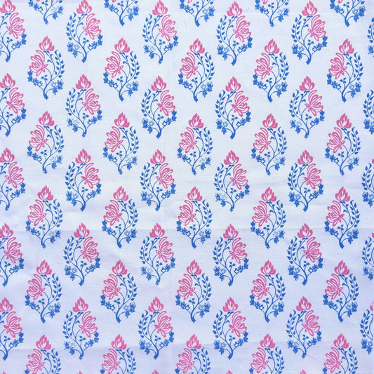 Wood block style print fabric in colours pale grey blue and pink perfect for window blinds, curtains, and interior fabric decoration