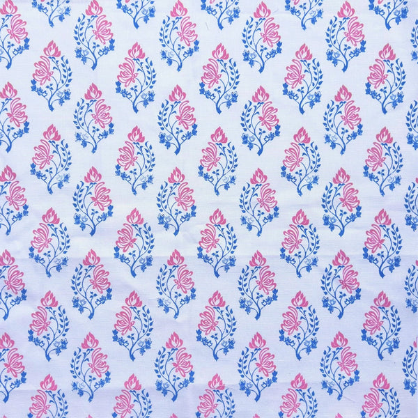 Wood block style print fabric in colours pale grey blue and pink perfect for window blinds, curtains, and interior fabric decoration