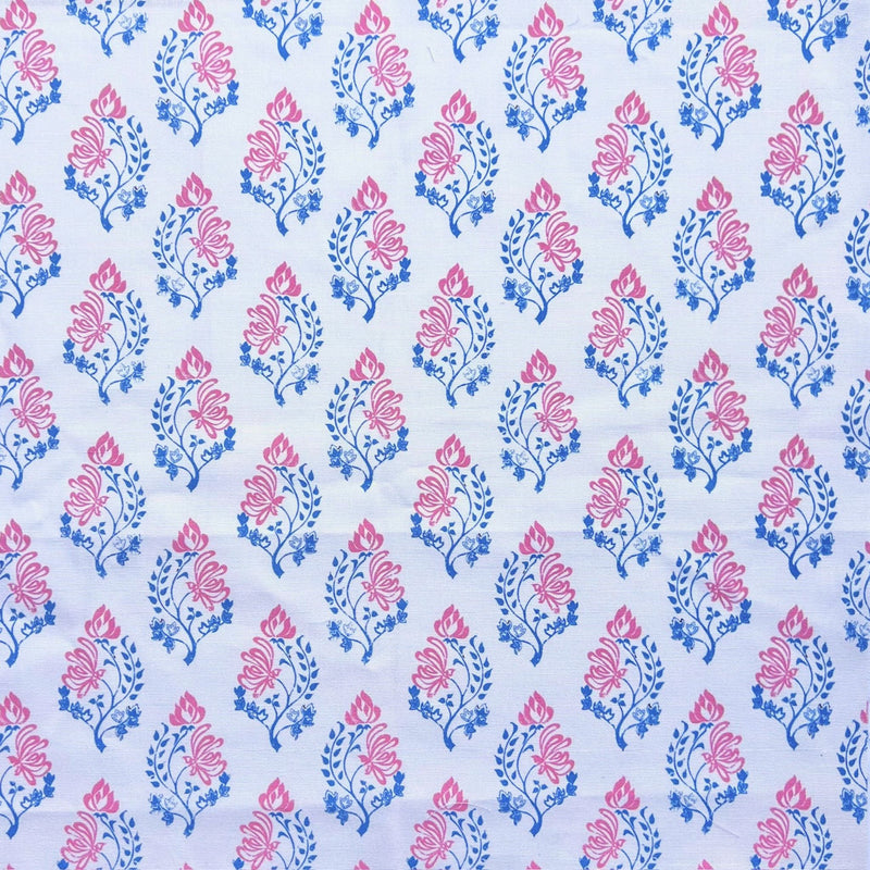 Wood block style print fabric in colours pale grey blue and pink perfect for window blinds, curtains, and interior fabric decoration
