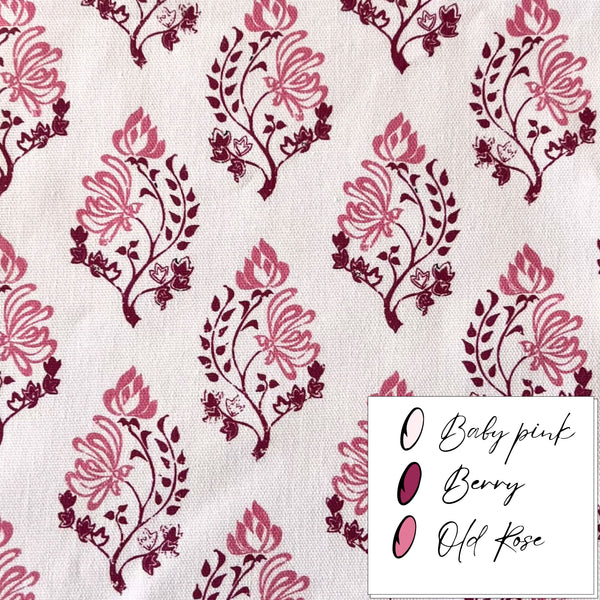 Wood block style print fabric in light, medium and dark  pink perfect for window blinds, curtains, and interior fabric decoration schemes.